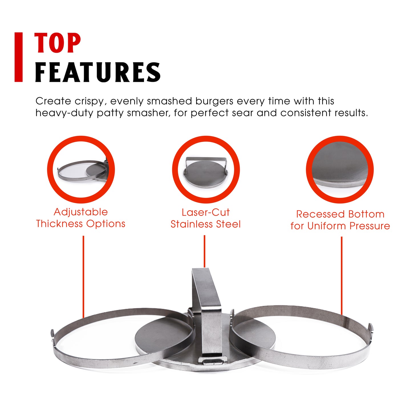 Craycort Burger Patty Smasher, Adjustable Stainless Steel Patty Press with 3 Ring Inserts for Smashburgers