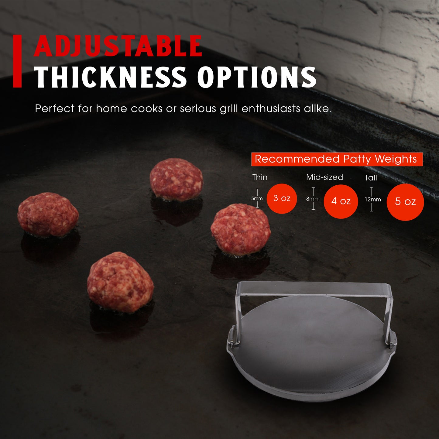 Craycort Burger Patty Smasher, Adjustable Stainless Steel Patty Press with 3 Ring Inserts for Smashburgers