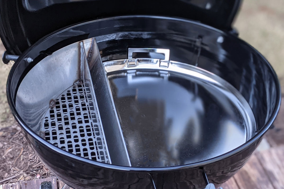 3-in-1 Grill Accessory..... for 26" kettles! Everything you know and love about our stainless steel Drip ‘N Griddle Pan.....but in a BIGGER size! Made from durable stainless steel, the Drip ‘N Griddle Pan - XL is contoured to fit perfectly next to the Slow ‘N Sear® XL on the charcoal grate and helps with airflow. | SnS Grills